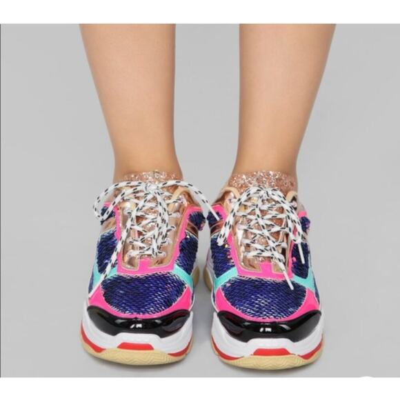 Fashion Nova Multicolor Sequined Glitter Patent Leather Sneakers Size 5 - Picture 4 of 13